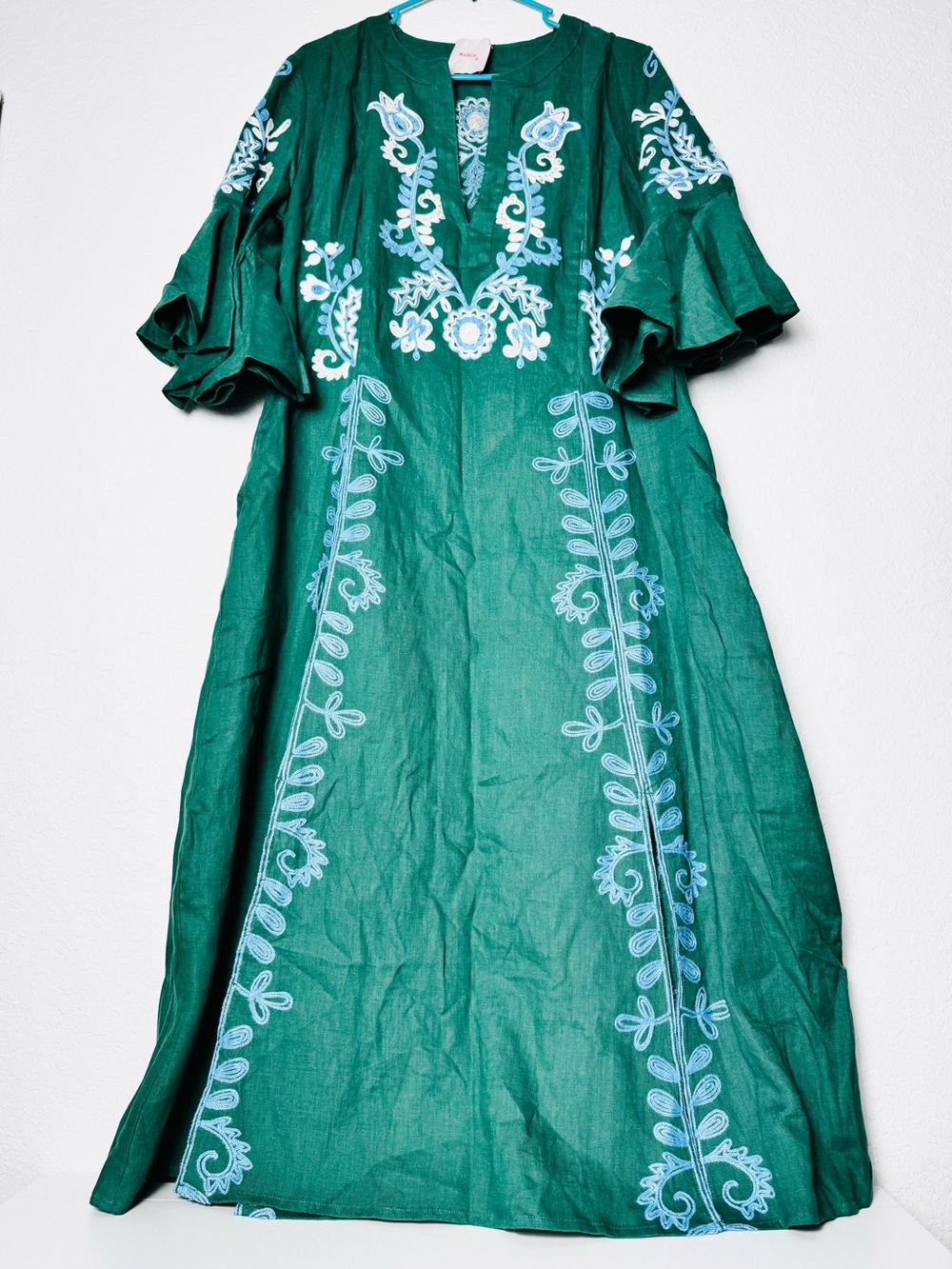 March 11 Dress Womens Large Green Floral Embroidered Linen Maxi Annabell - Picture 4 of 14